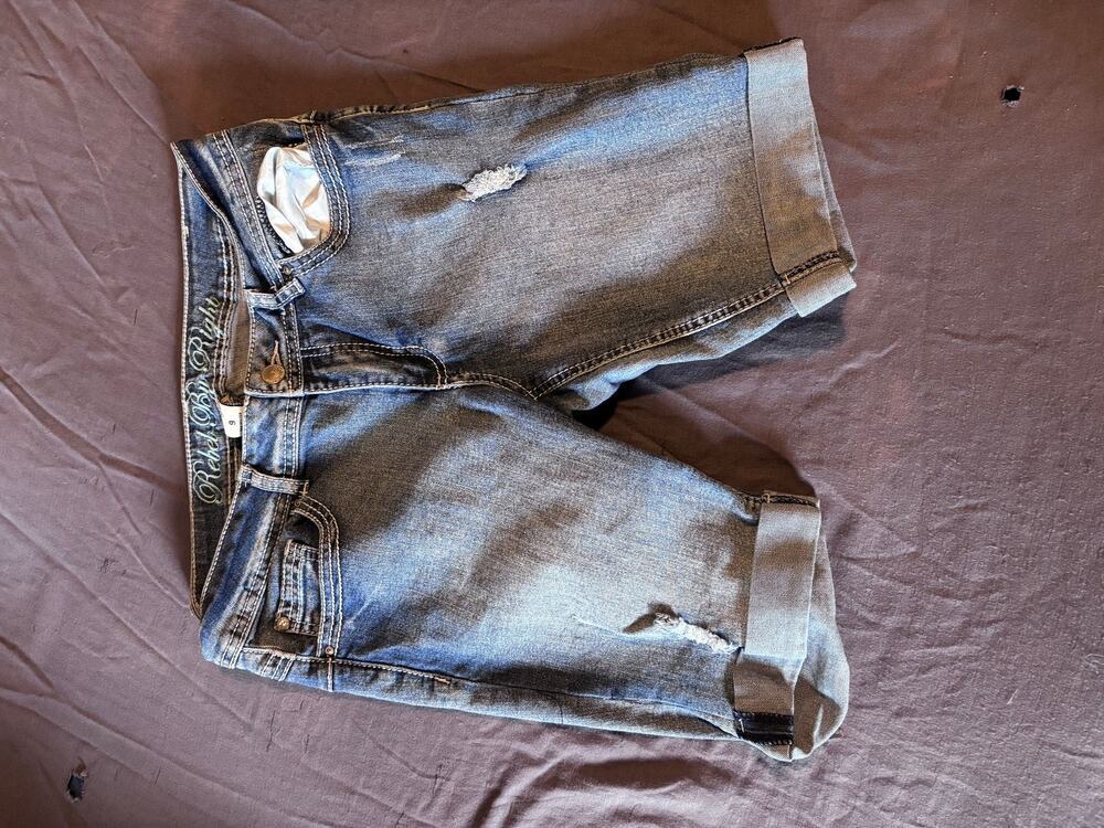 Rebel By Right Shorts Girls 9 Rolled Cuff Denim Distressed Stretch Blue Casual
